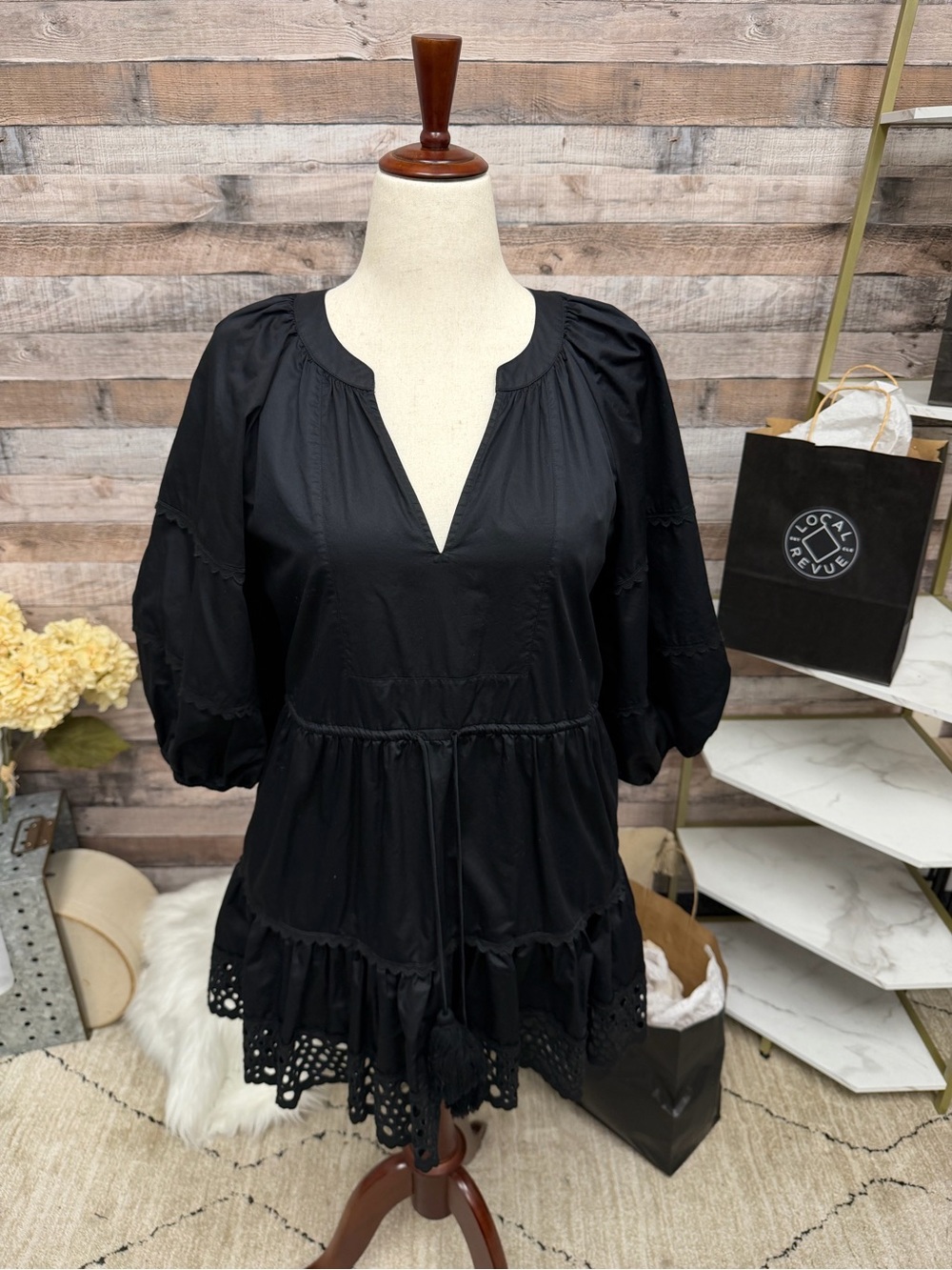 Alexis Black Tiered Mini Dress w/Embroidered Hem
